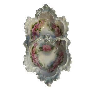 Antique Riviera Austria Porcelain Trinket Holder/Basket Pink Flowers Decoration